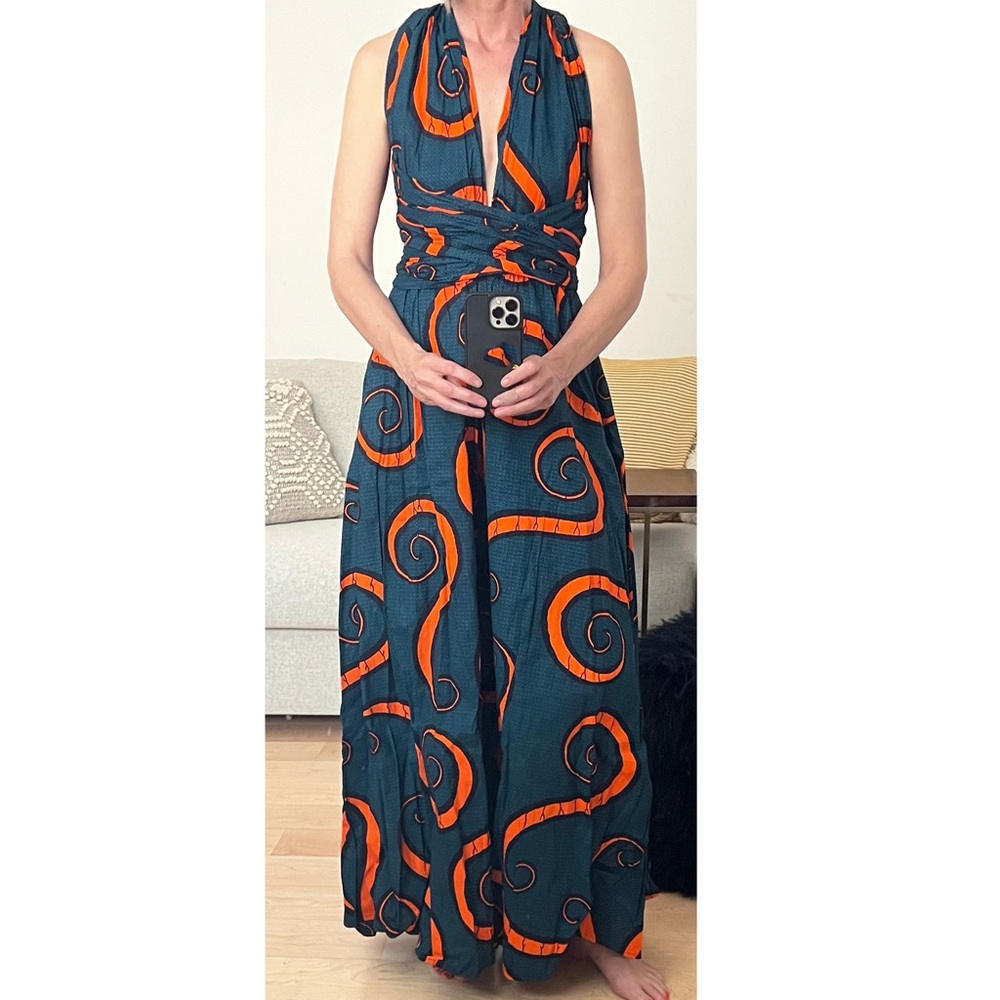 Hand-stitched wide-leg wrap jumpsuit